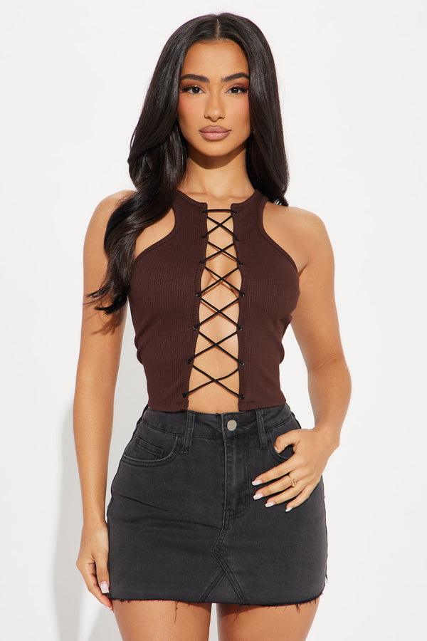 Promise Me Ribbed Lace Up Top - Chocolate