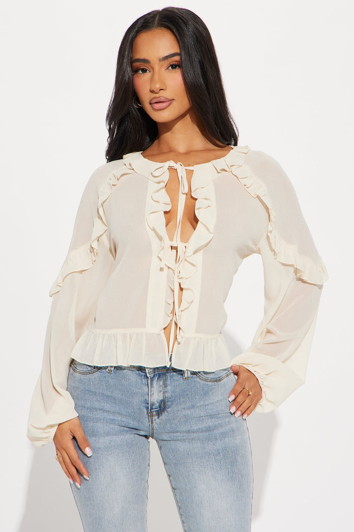 Speak Kindly Tie Front Ruffle Top - Cream