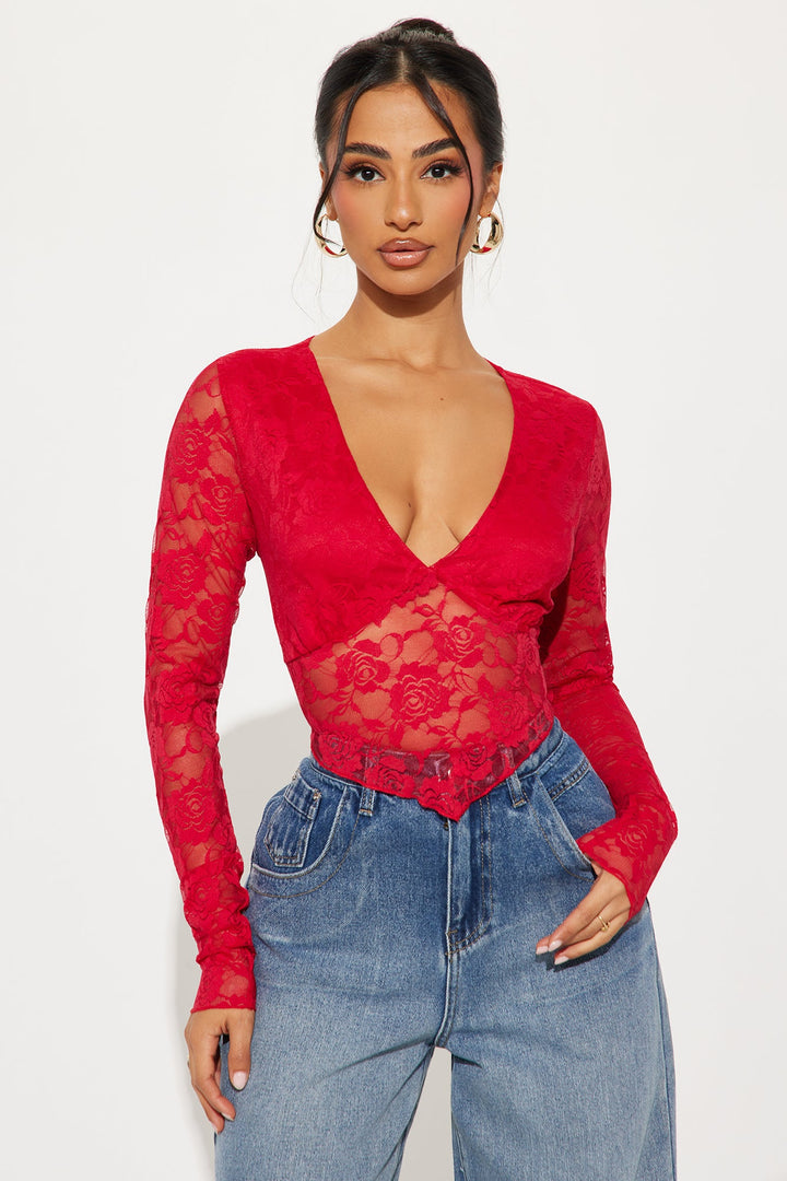 Refined Beauty Long Sleeve Lace Top - Red