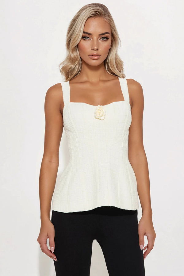 Pristine Elegance Tweed Rosette Top - Ivory