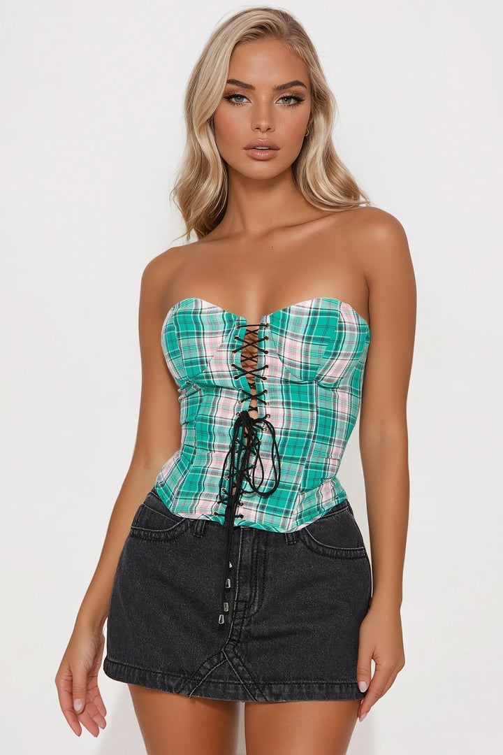 Lucianna Lace Up Plaid Corset Top - Green/combo