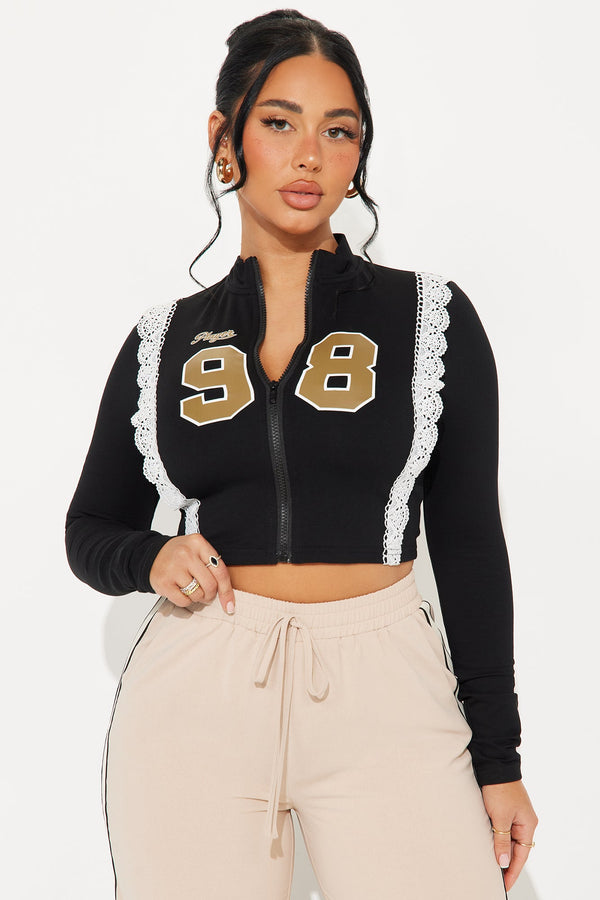 Level Up Lace Zip Up Top - Black