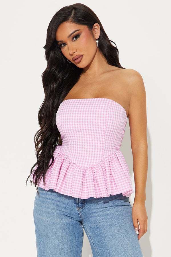 Carletta Gingham Bubble Hem Top - White/Pink