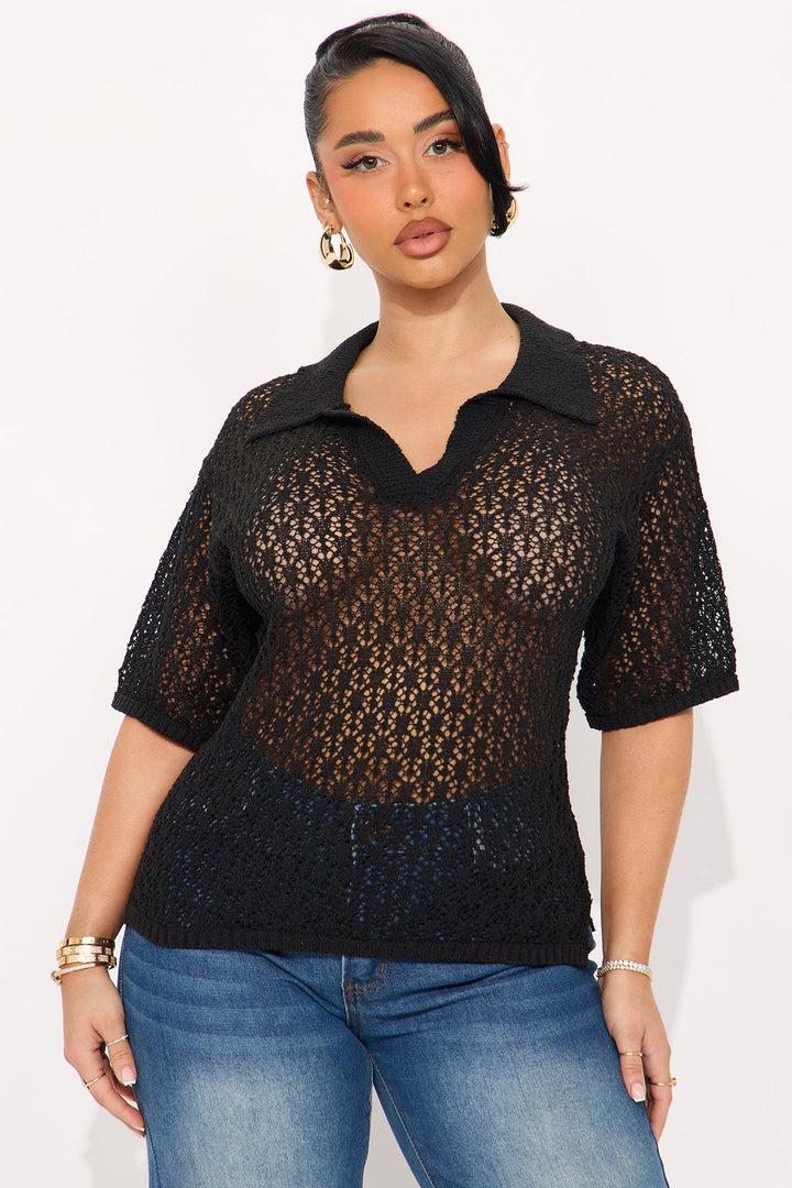 Ines Crochet Polo Top - Black