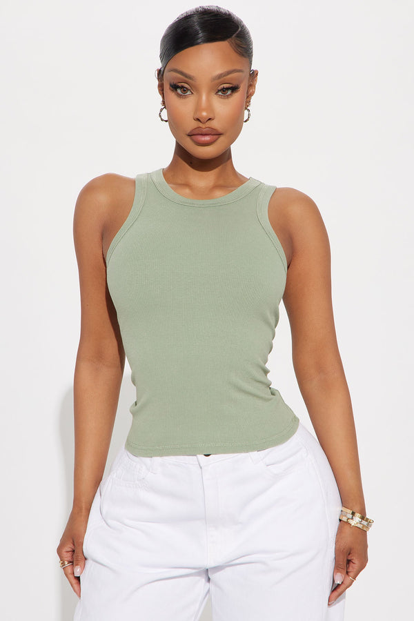 The Washed High Neck Tank - Sage