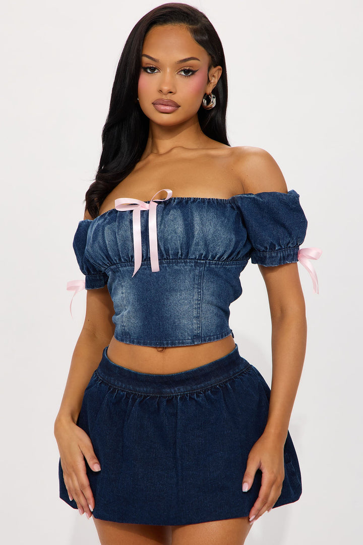 Delicate Sweetheart Denim Top - Dark Wash