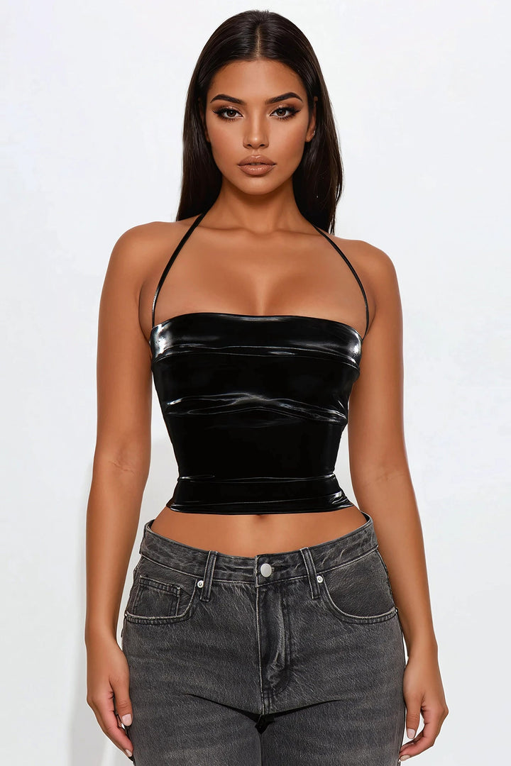 Hard To Reach Backless Halter Top - Black
