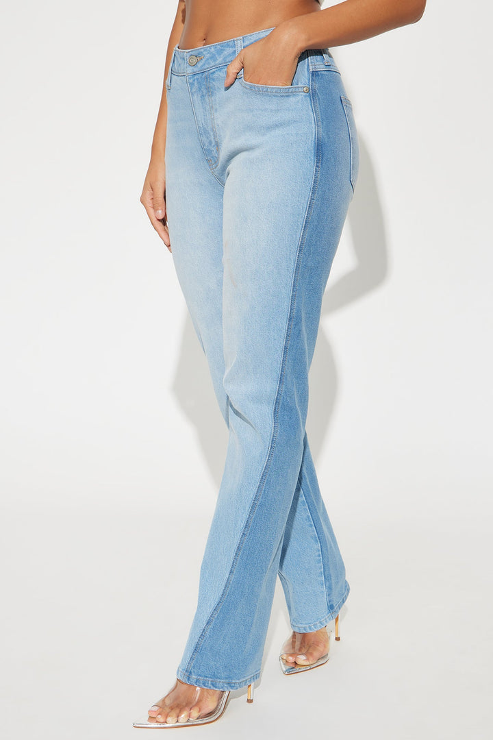Try It Again Two Tone Straight Leg Jeans - Medium Wash