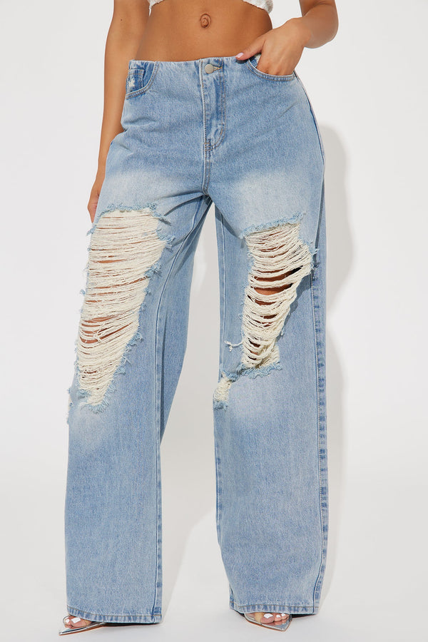 Taesha Non Stretch Destructed Wide Leg Jeans - Medium Wash