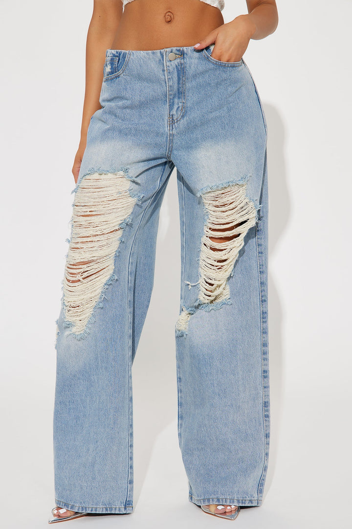 Taesha Non Stretch Destructed Wide Leg Jeans - Medium Wash