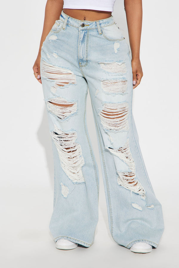 Selby Ripped Non Stretch Wide Leg Jeans - Light Wash