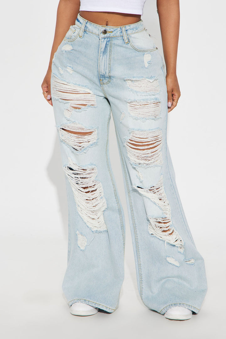 Selby Ripped Non Stretch Wide Leg Jeans - Light Wash