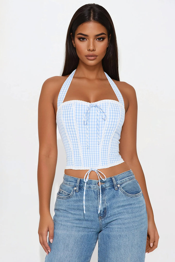 Sunset Walks Gingham Corset Top - Blue/combo