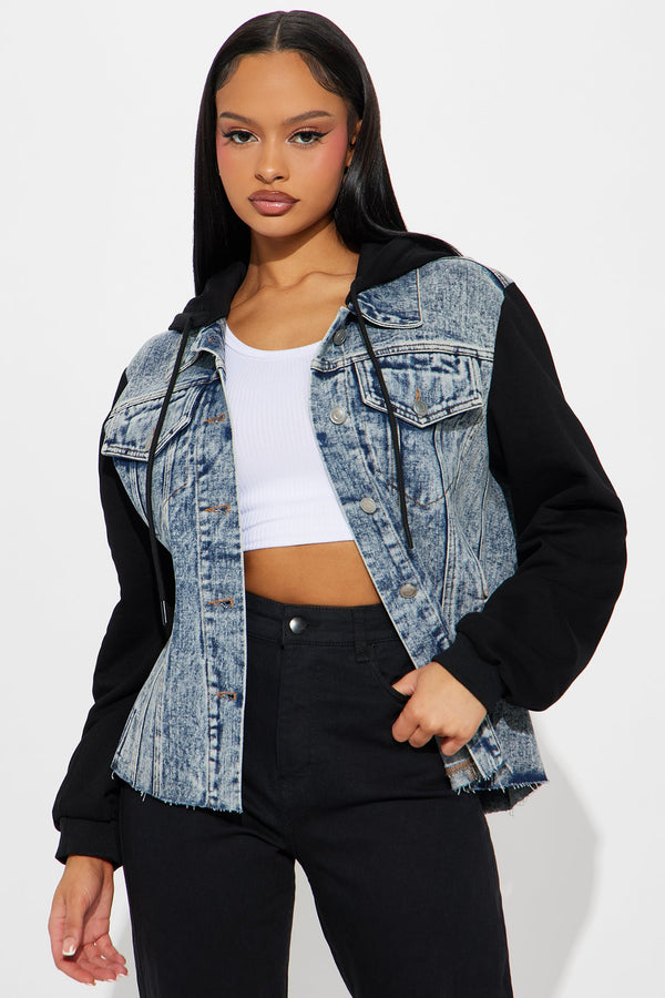 Out Loud Hooded Mix Media Denim Jacket - Dark Wash