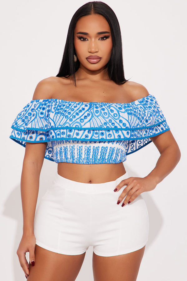 Baecation Off Shoulder Top - Blue/combo