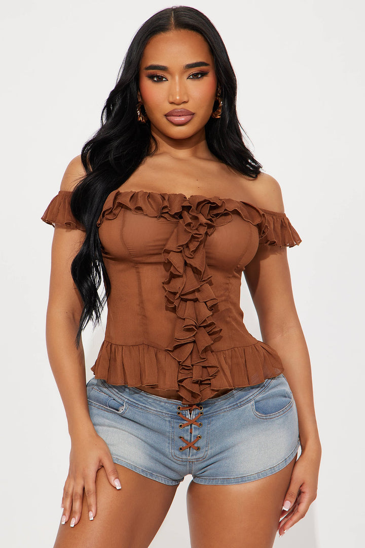 Stephany Off Shoulder Ruffle Top - Chocolate