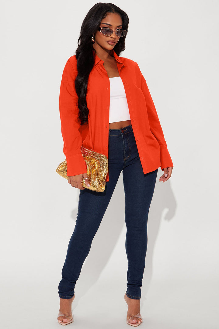 Hallie Oversized Poplin Button Up Shirt - Tomato Red