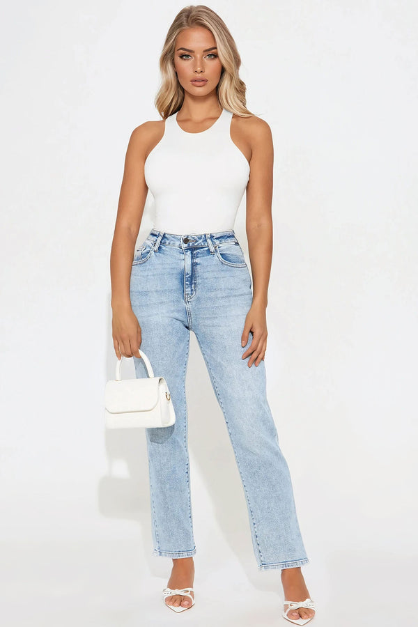 Uptown High Rise Straight Leg Denim Jeans - Medium Wash