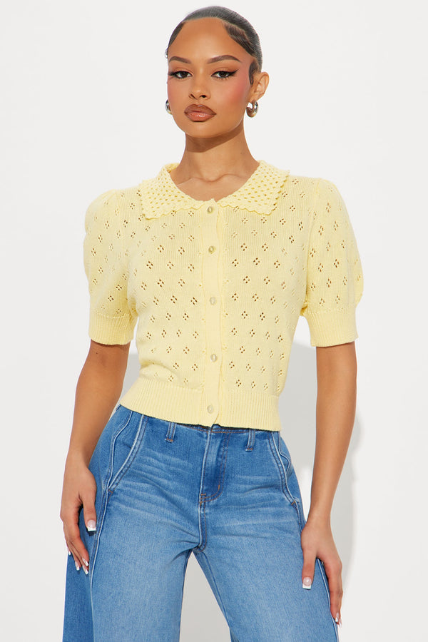 Flirty Pointelle Cardigan Sweater - Yellow