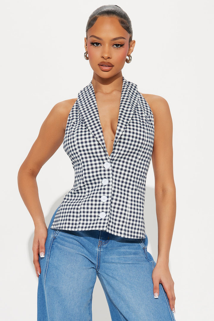Kya Backless Gingham Top - Navy/combo