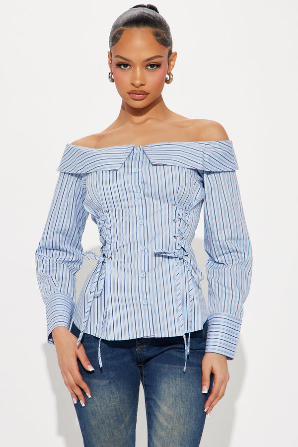 Perfect Response Striped Poplin Button Up Shirt - Blue/Black