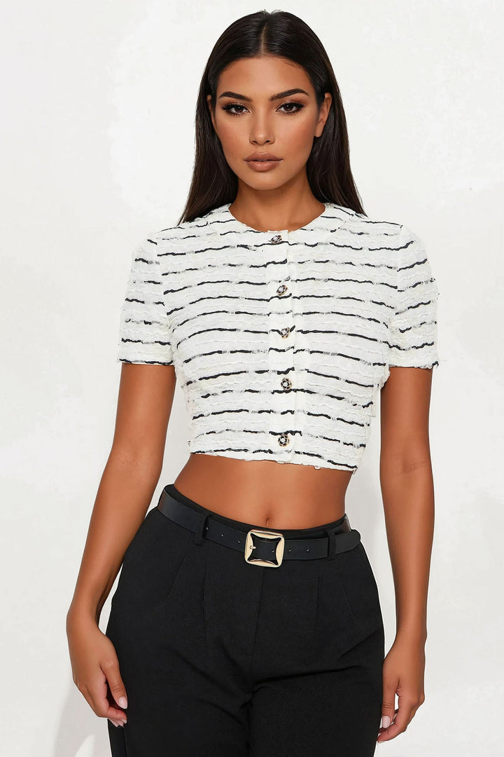 Roselyn Short Sleeve Button Up Top - Cream/combo