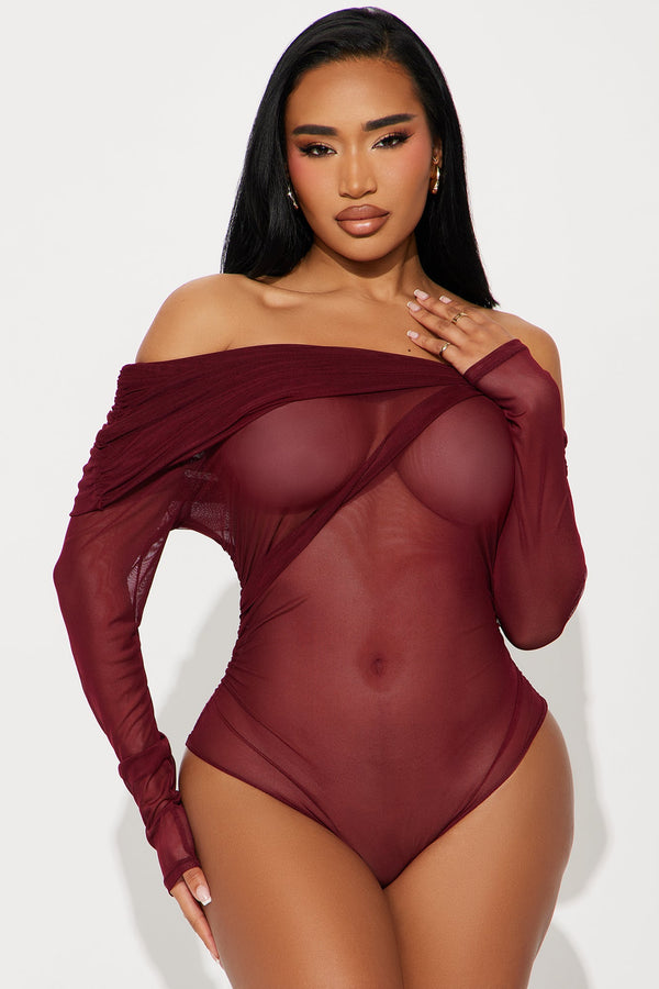 Alena Mesh Off Shoulder Bodysuit - Burgundy