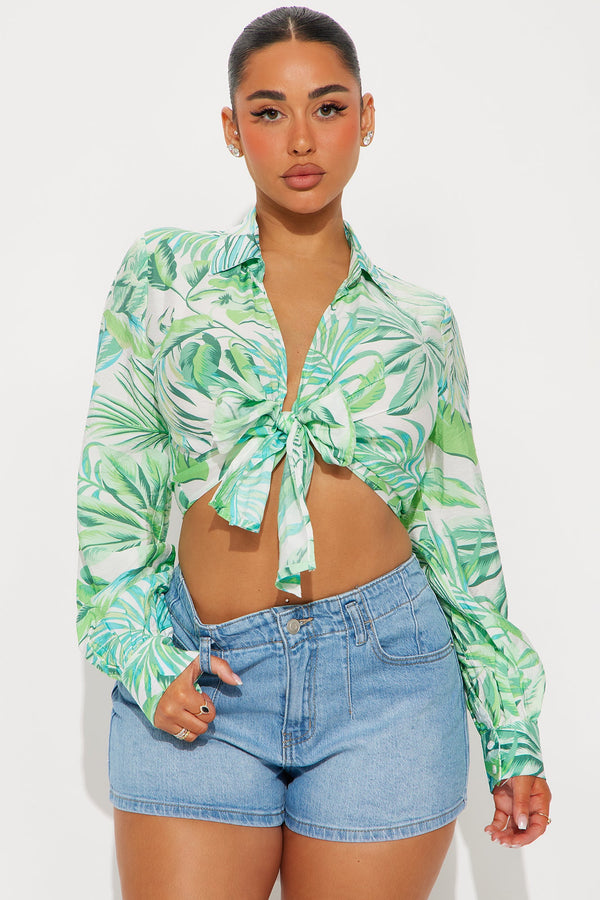 Paradise Found Tropical Tie Front Top - Green/combo