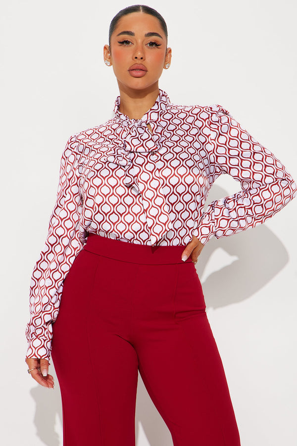 Selene Tie Neck Printed Satin Blouse Top - Burgundy/combo