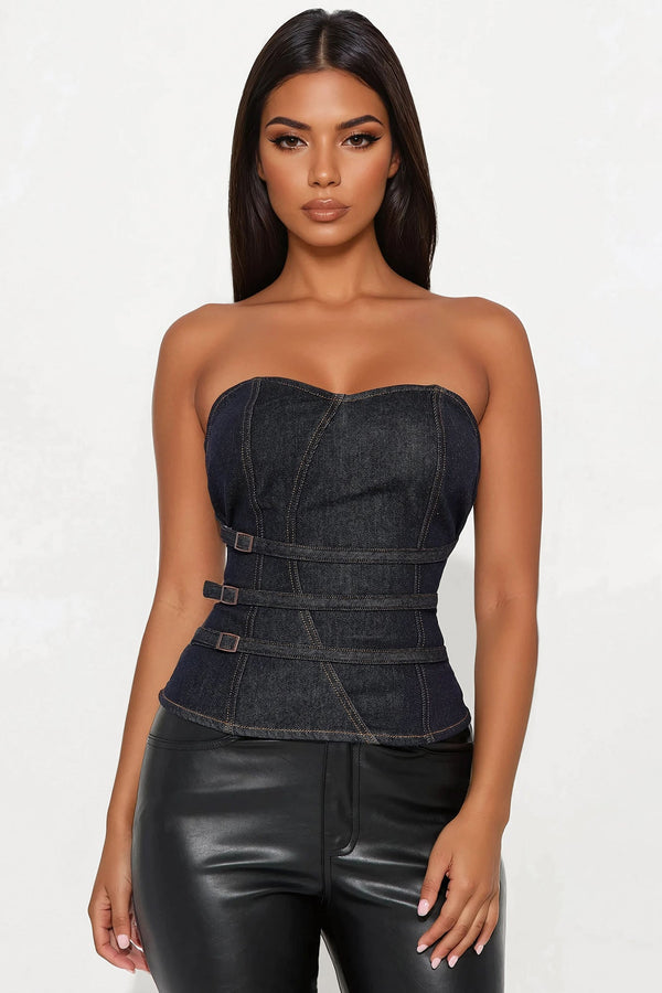 Think Of Me Denim Corset Top - Dark Wash