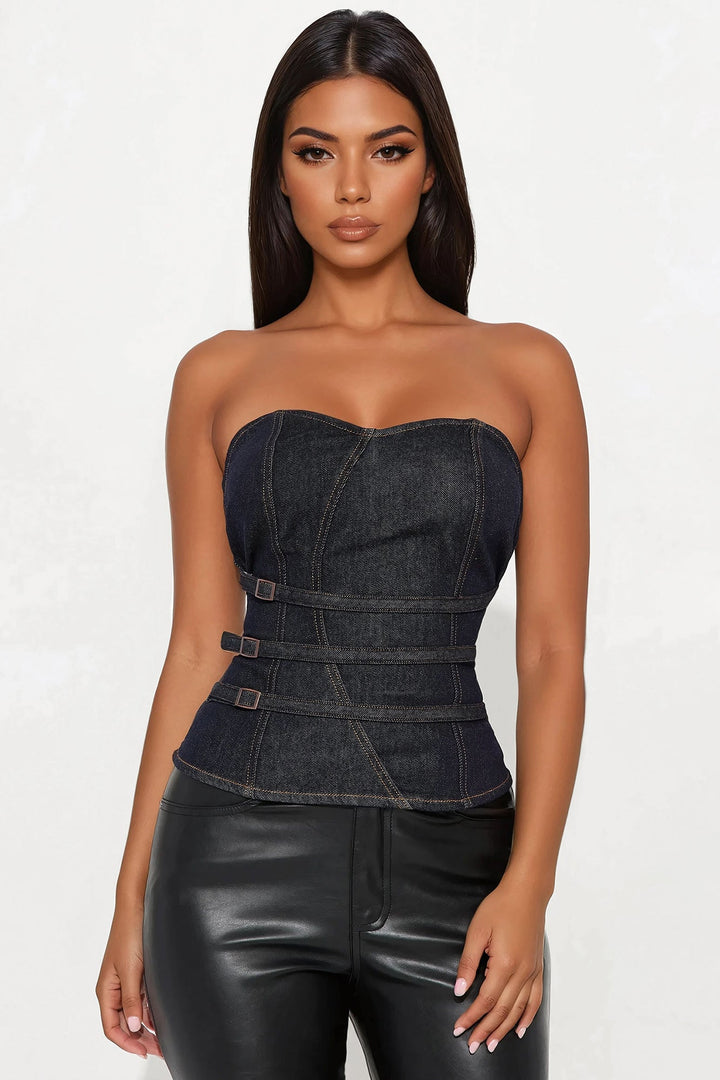 Think Of Me Denim Corset Top - Dark Wash