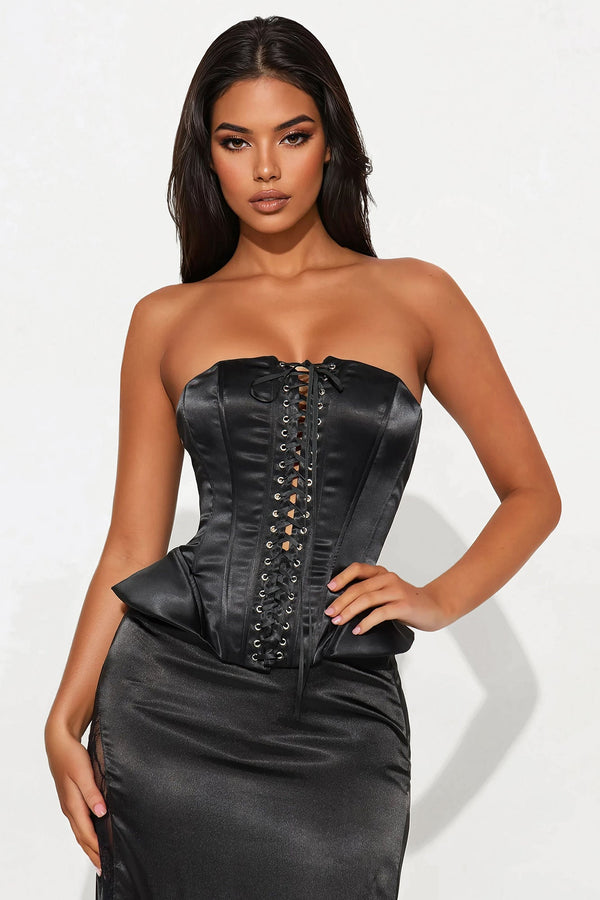 Gleaming Stare Satin Peplum Corset Top - Black