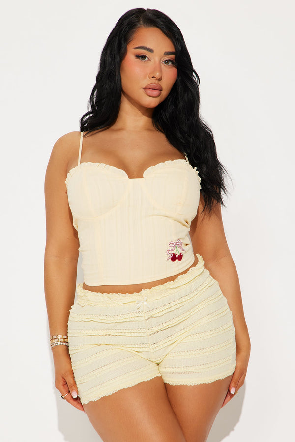 Cherry Bow Embroidered Corset Top - Butter Yellow