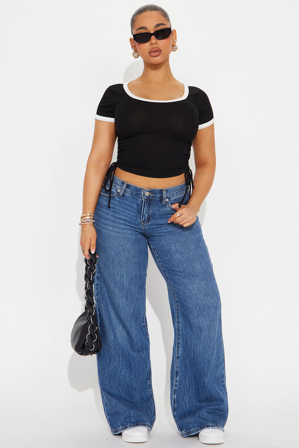 Athena Ruched Short Sleeve Baby Tee - Black/White