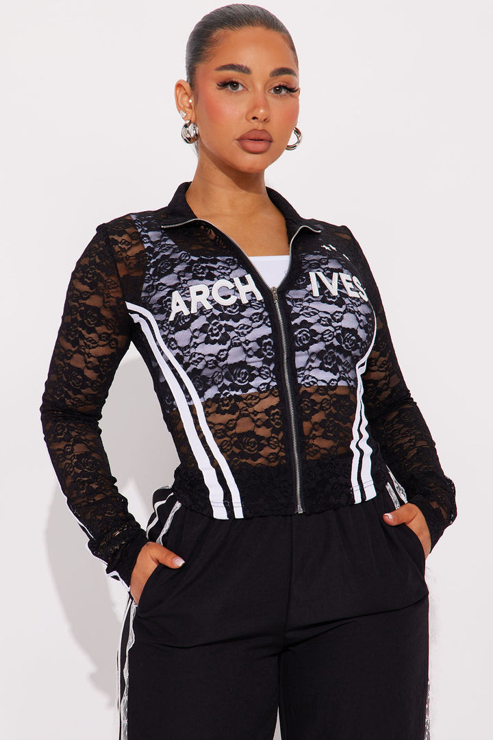 In My Archives Lace Zip Up Top - Black
