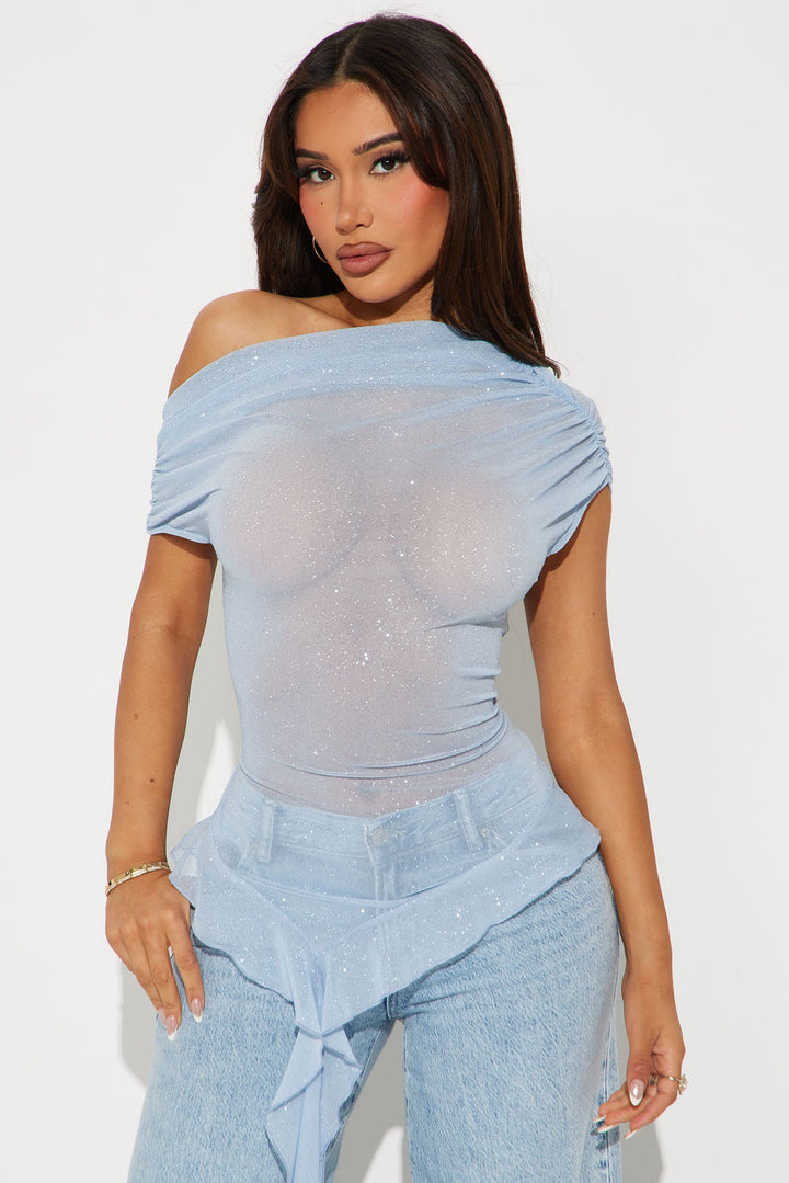 Shimmering Presence Ruched Off Shoulder Top - Light Blue