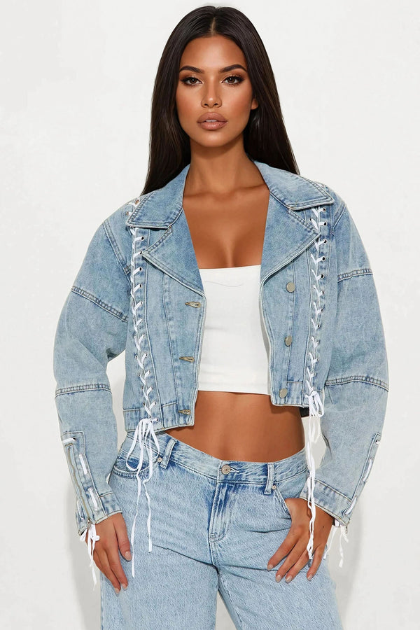 Mya Lace Up Denim Moto Jacket - Light Wash