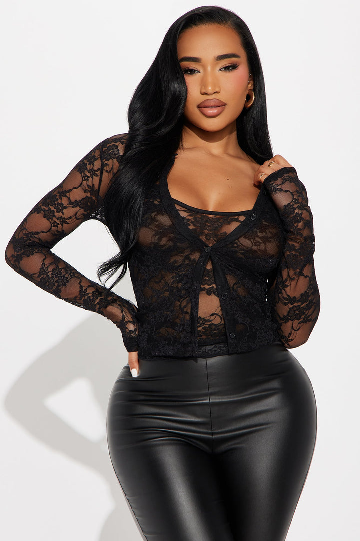 Elara Cami And Cardigan 2 Piece Lace Set - Black