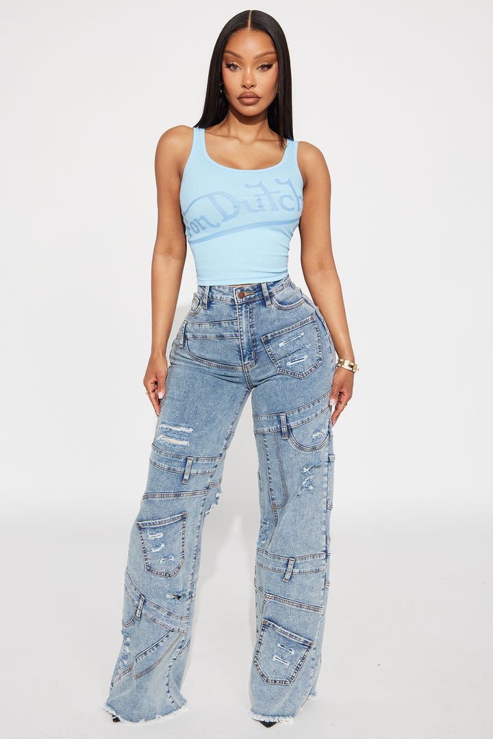 Elyza Reconstructed Ripped Straight Leg Jeans - Medium Wash