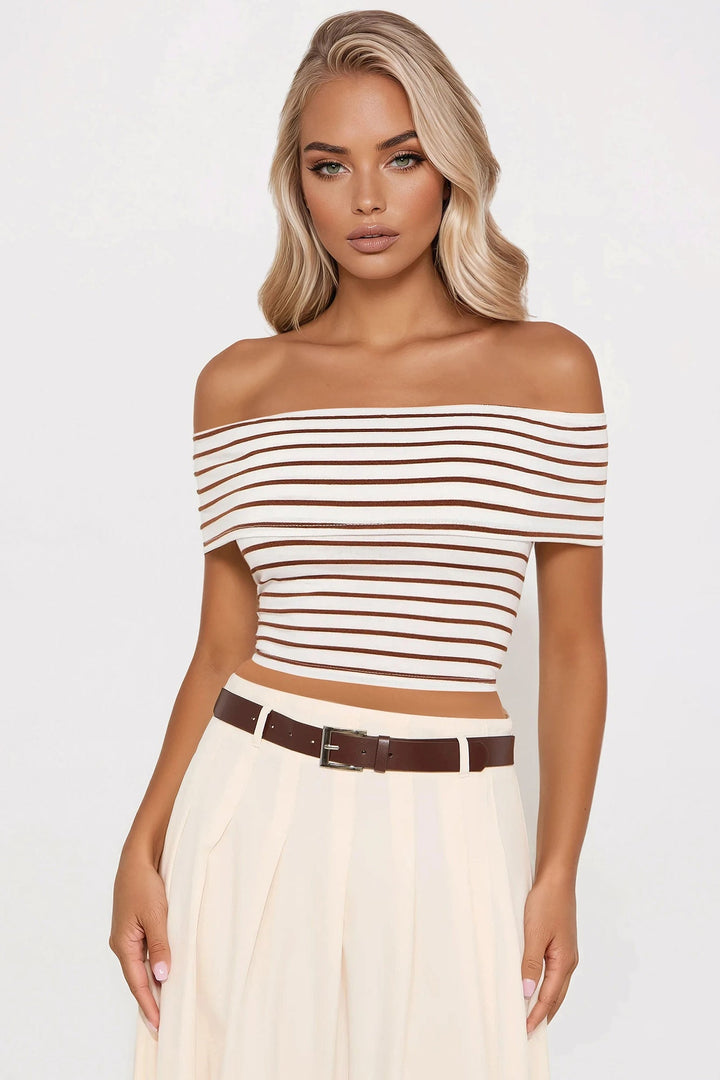 Shoreline Off Shoulder Cropped Top - Brown/combo