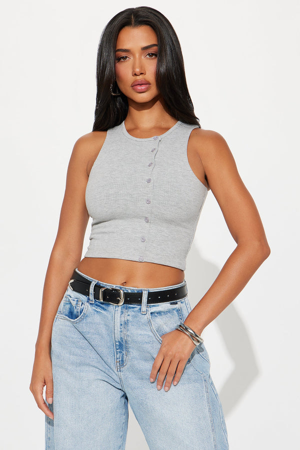 Got That Knack Ribbed Button Up Sleeveless Top - Heather Grey