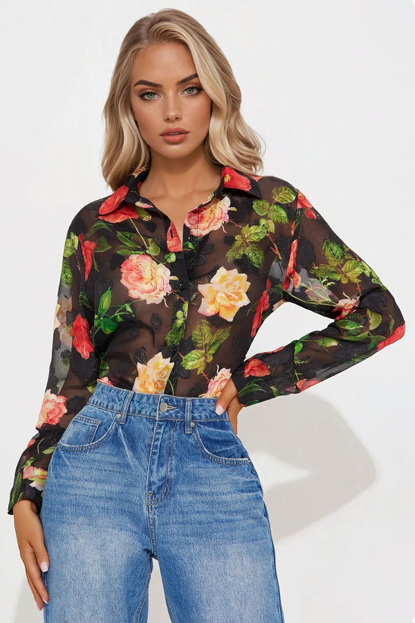 Surrounded By Beauty Floral Chiffon Shirt - Black/combo