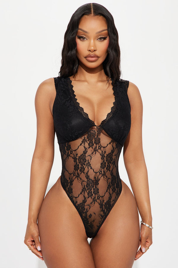 Simple Pleasures Sheer Lace Bodysuit - Black