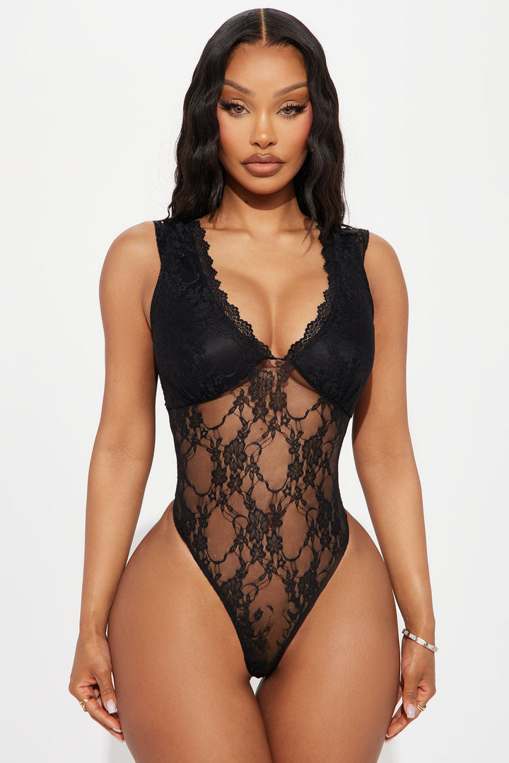 Simple Pleasures Sheer Lace Bodysuit - Black