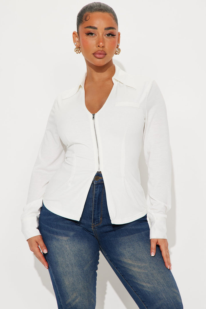 Unfinished Business Solid Zip Front Top - White
