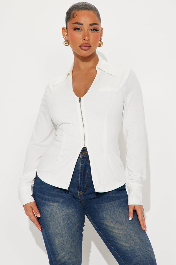 Unfinished Business Solid Zip Front Top - White