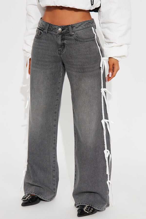 Rasine Non Stretch Bow Wide Leg Jeans - Black Wash
