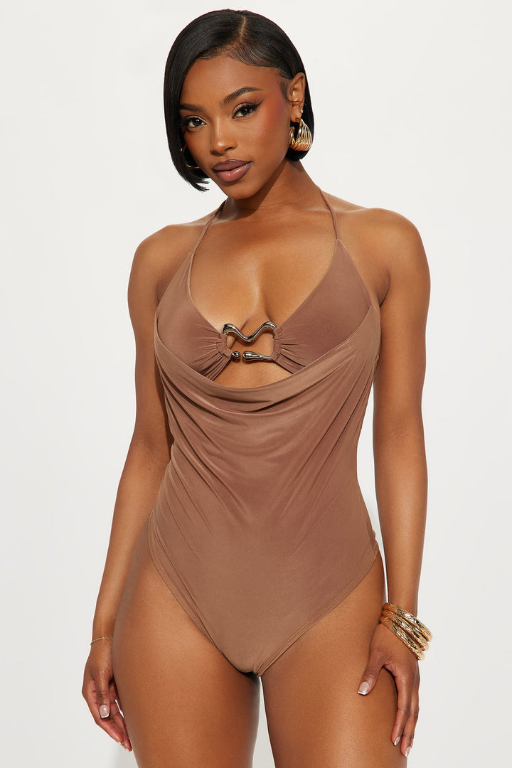 Lucia Cowl Neck Halter Bodysuit - Camel