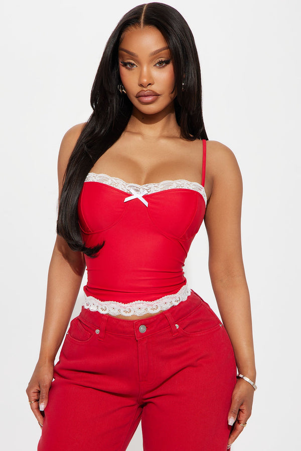 Sweet And Innocent Lace Trim Cami - Red