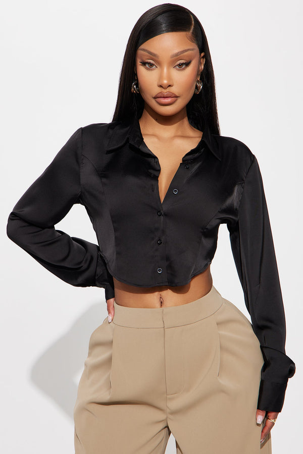 Jianna Cropped Satin Button Up Shirt - Black